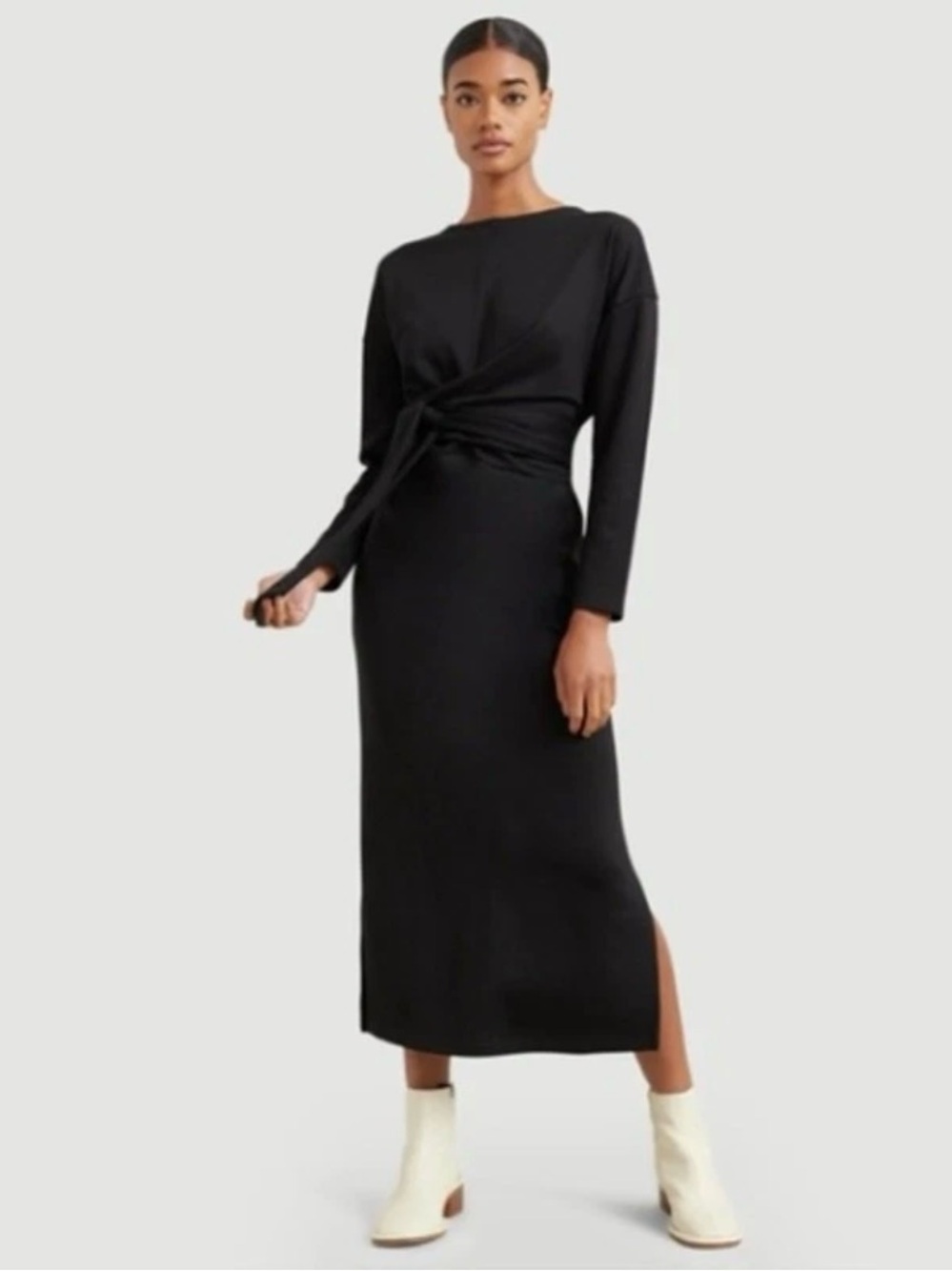 MODERN CITIZEN Audrey Tie Front Long Sleeve Midi Dress Black Size S Quiet Luxury